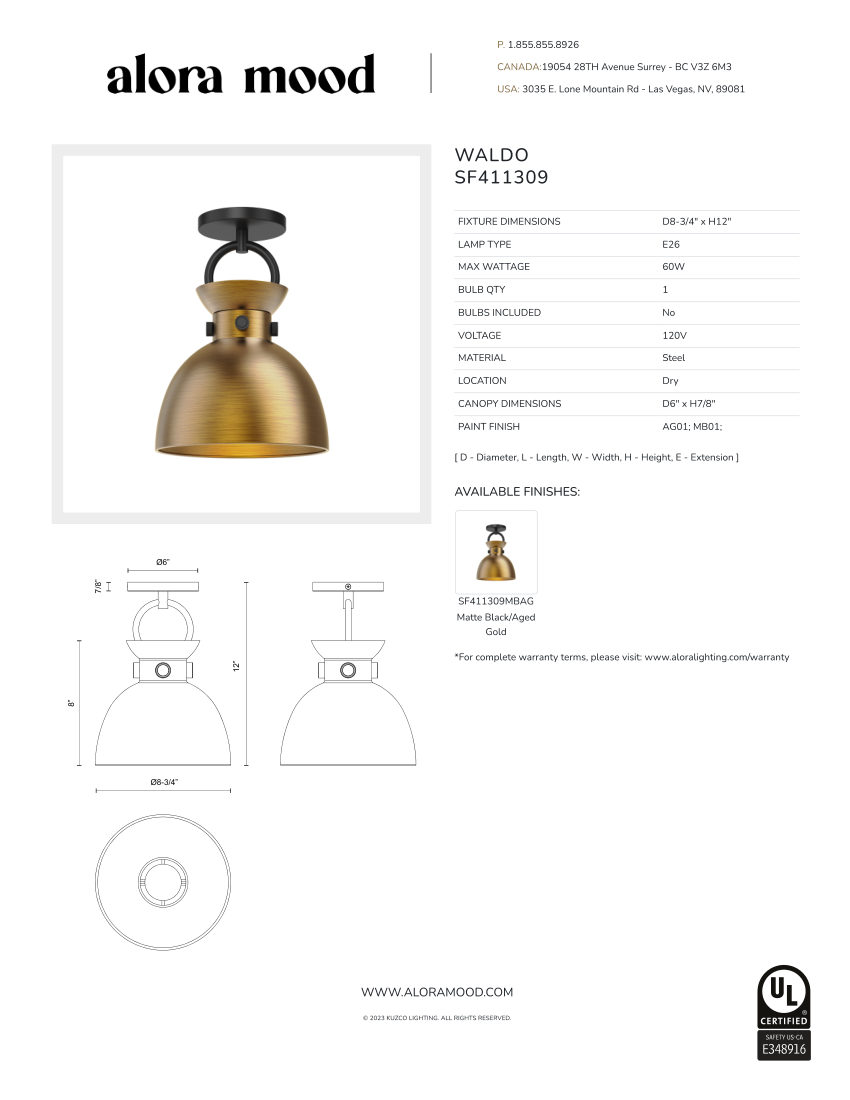 Kuzco Lighting SF411309MBAG cut sheet — first page