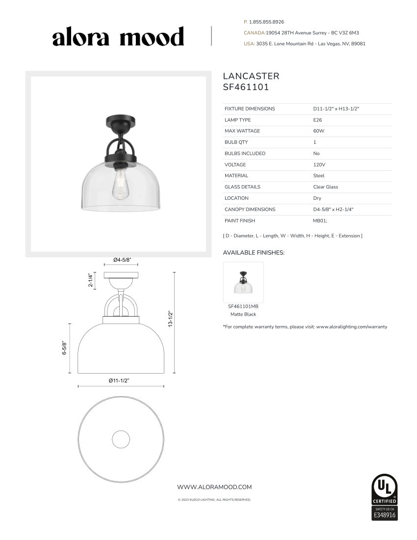 Kuzco Lighting SF461101MB cut sheet — first page