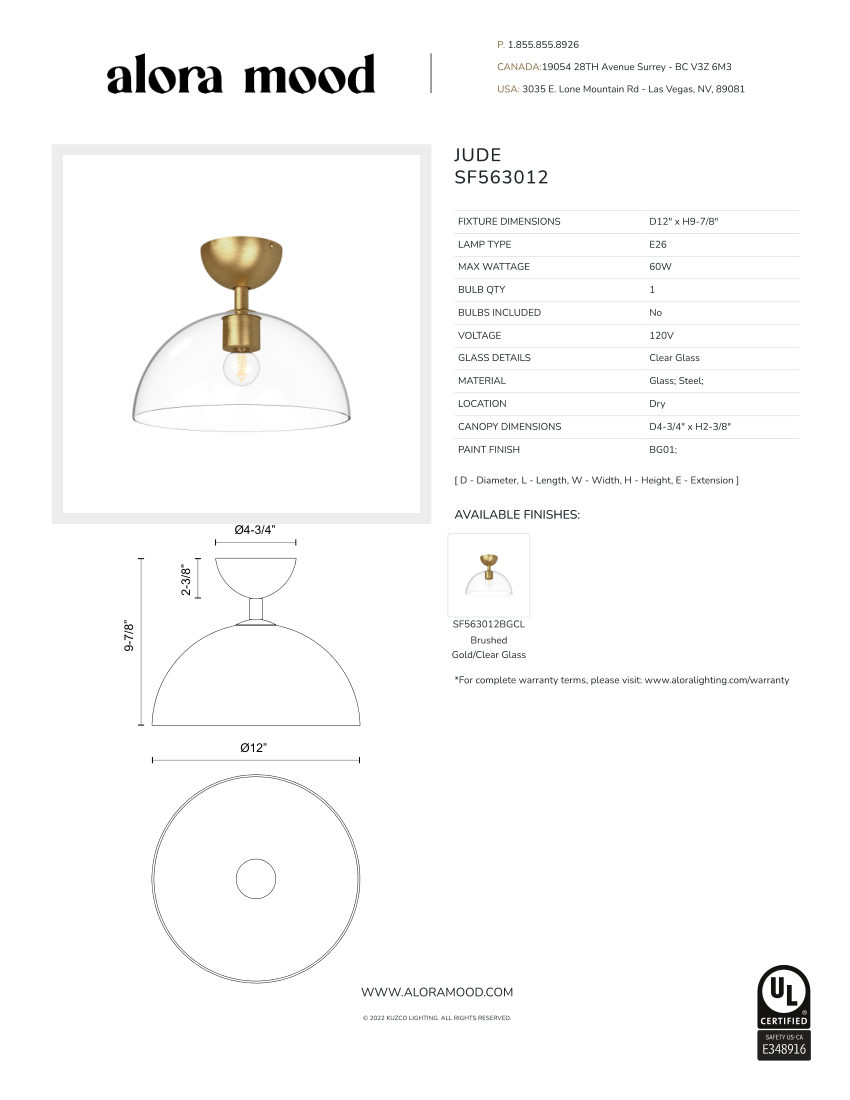 Kuzco Lighting SF563012BGCL cut sheet — first page
