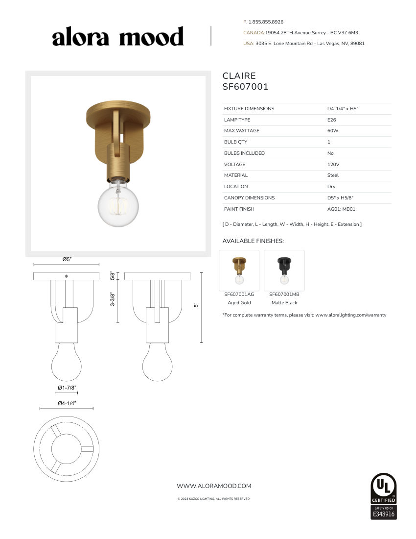 Kuzco Lighting SF607001MB cut sheet — first page