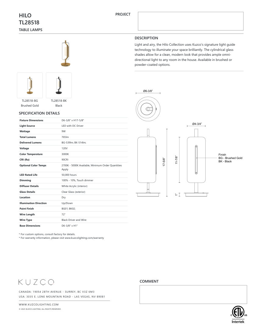 Kuzco Lighting TL28518-BK cut sheet — first page