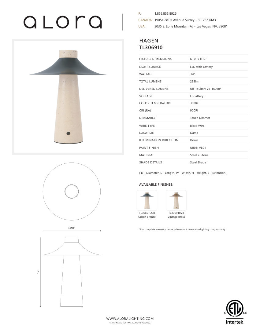Kuzco Lighting TL306910UB cut sheet — first page