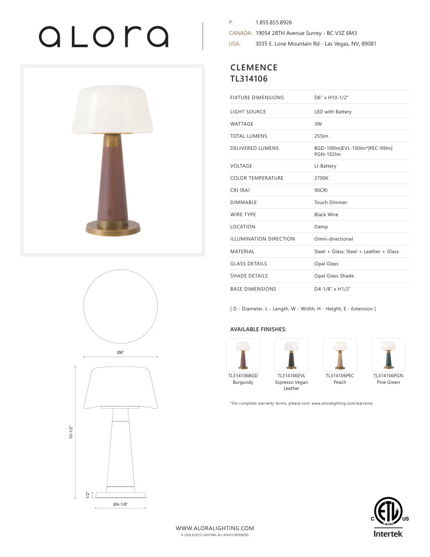 Kuzco Lighting TL314106BGD cut sheet — first page