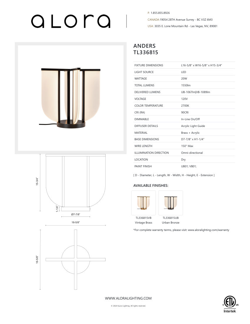 Kuzco Lighting TL336815VB cut sheet — first page