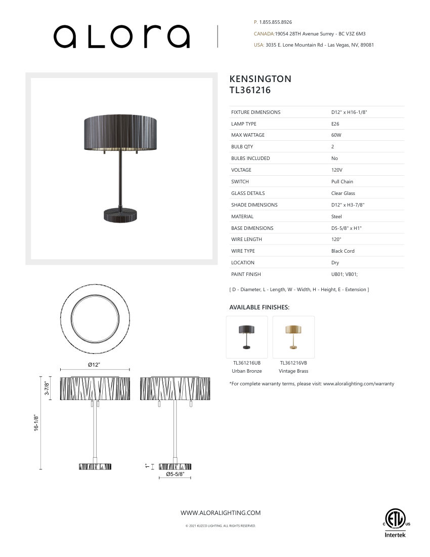 Kuzco Lighting TL361216UB cut sheet — first page