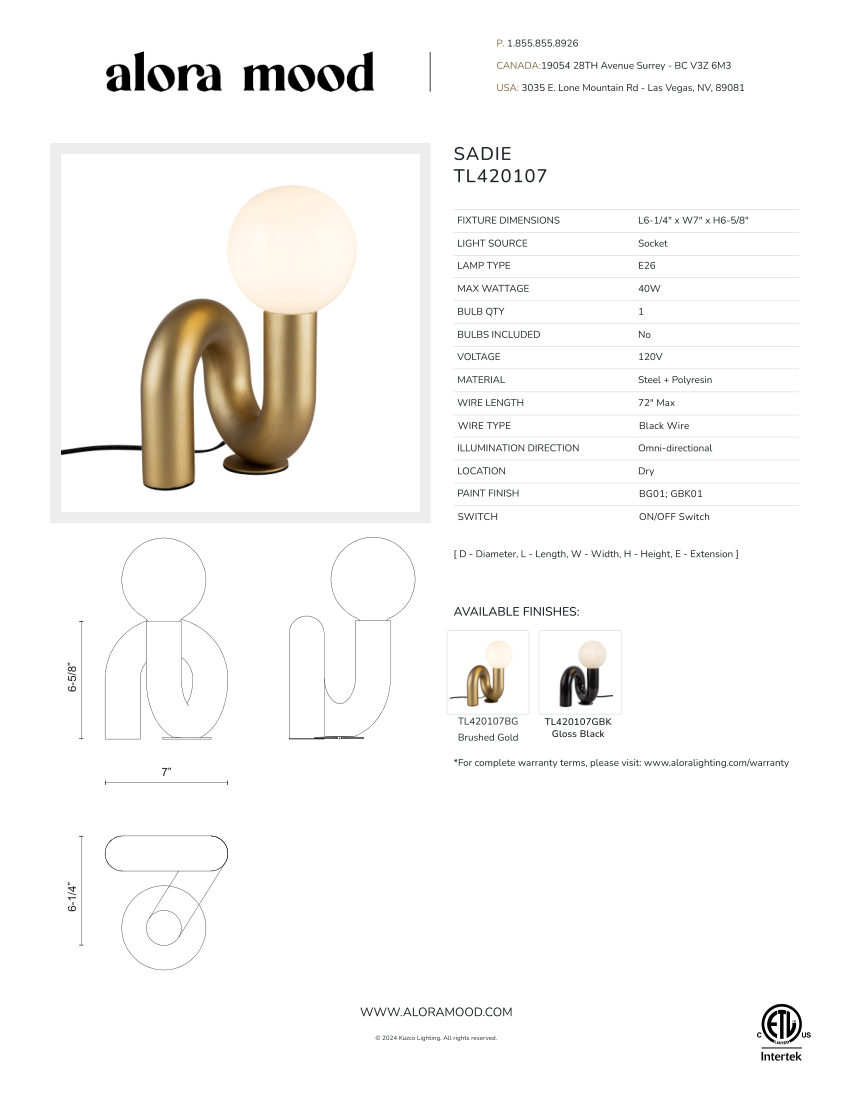 Kuzco Lighting TL420107BG cut sheet — first page