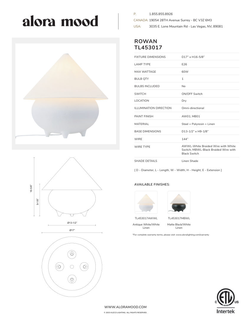 Kuzco Lighting TL453017AWWL cut sheet — first page