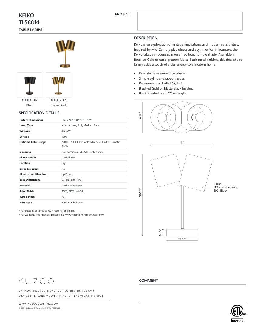 Kuzco Lighting TL58814-BK cut sheet — first page