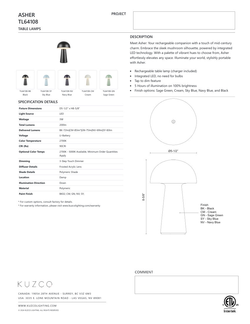 Kuzco Lighting TL64108-BK cut sheet — first page