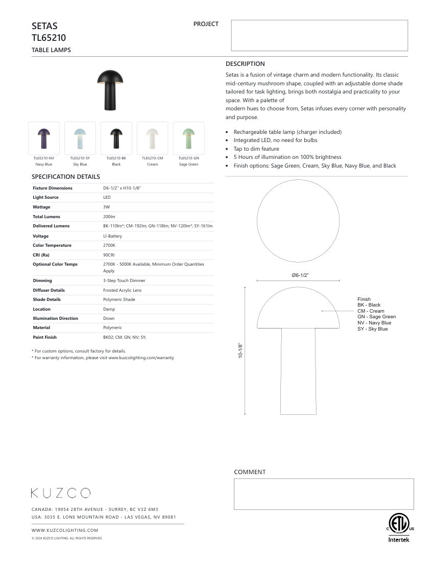 Kuzco Lighting TL65210-SY cut sheet — first page
