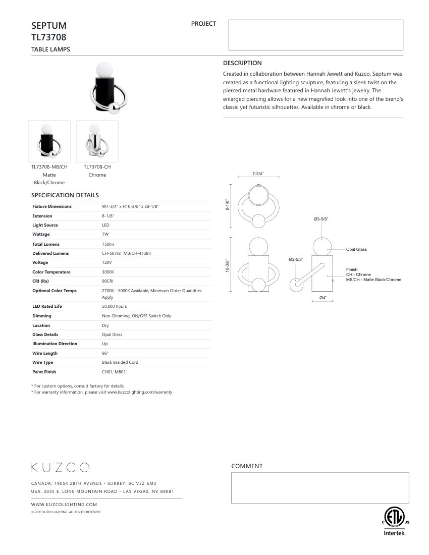 Kuzco Lighting TL73708-CH cut sheet — first page