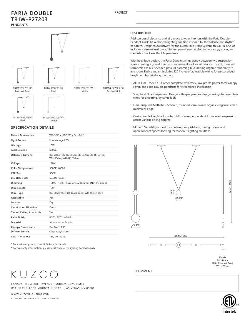 Kuzco Lighting TR1W-P27203-BG cut sheet — first page