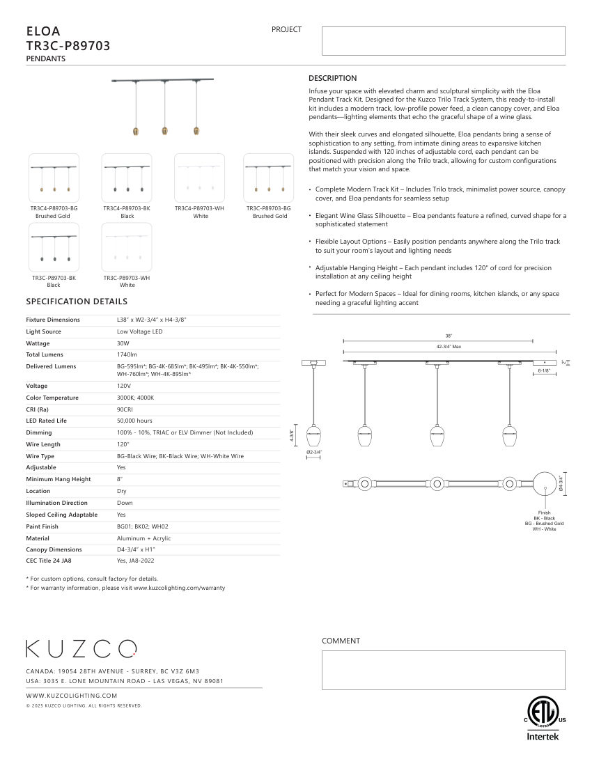 Kuzco Lighting TR3C-P89703-BG cut sheet — first page
