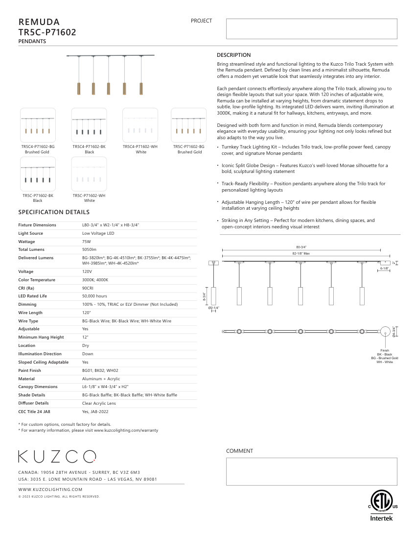 Kuzco Lighting TR5C-P71602-BG cut sheet — first page