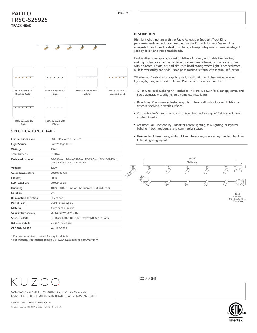 Kuzco Lighting TR5C-S25925-WH cut sheet — first page
