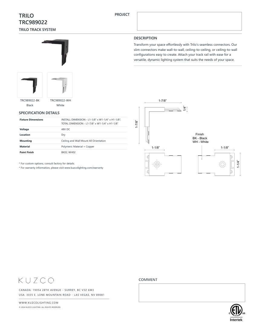 Kuzco Lighting TRC989022-BK cut sheet — first page