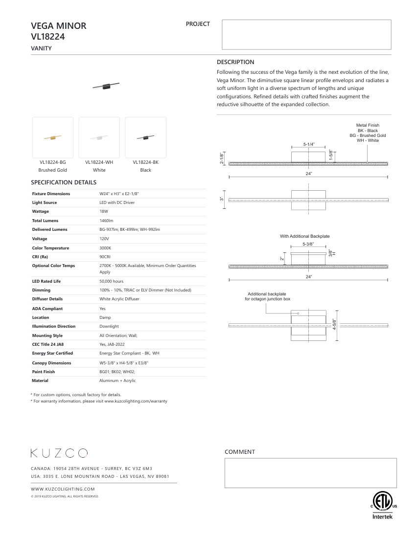 Kuzco Lighting VL18224-BK-UNV cut sheet — first page