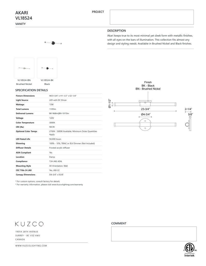 Kuzco Lighting VL18524-BK cut sheet — first page