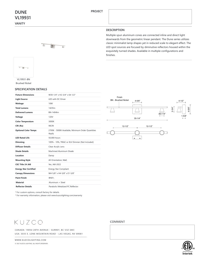 Kuzco Lighting VL19931-BN cut sheet — first page