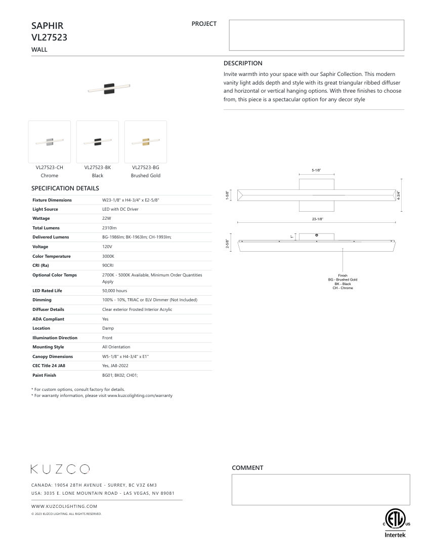 Kuzco Lighting VL27523-CH cut sheet — first page