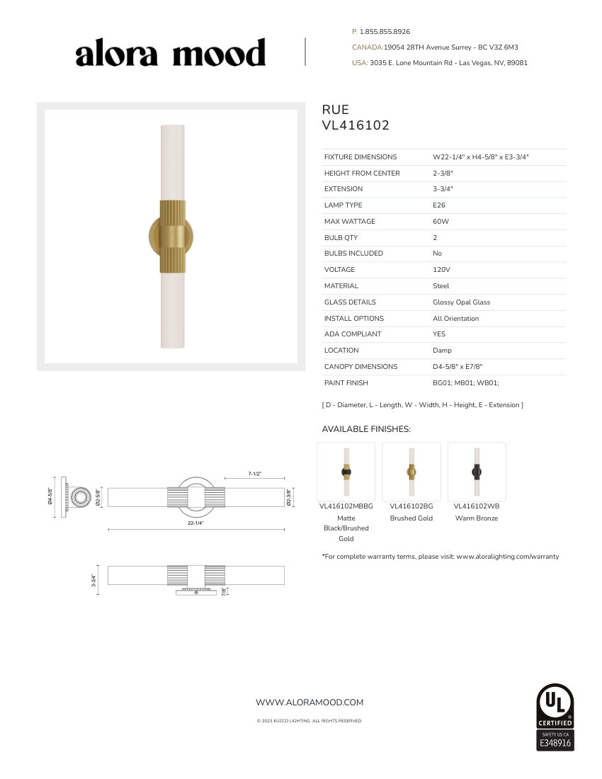 Kuzco Lighting VL416102WB cut sheet — first page