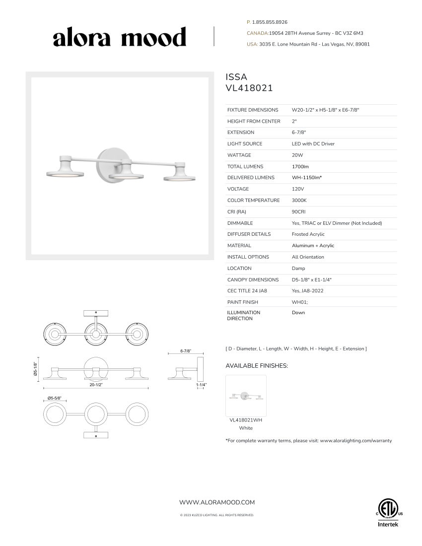 Kuzco Lighting VL418021MB-UNV cut sheet — first page