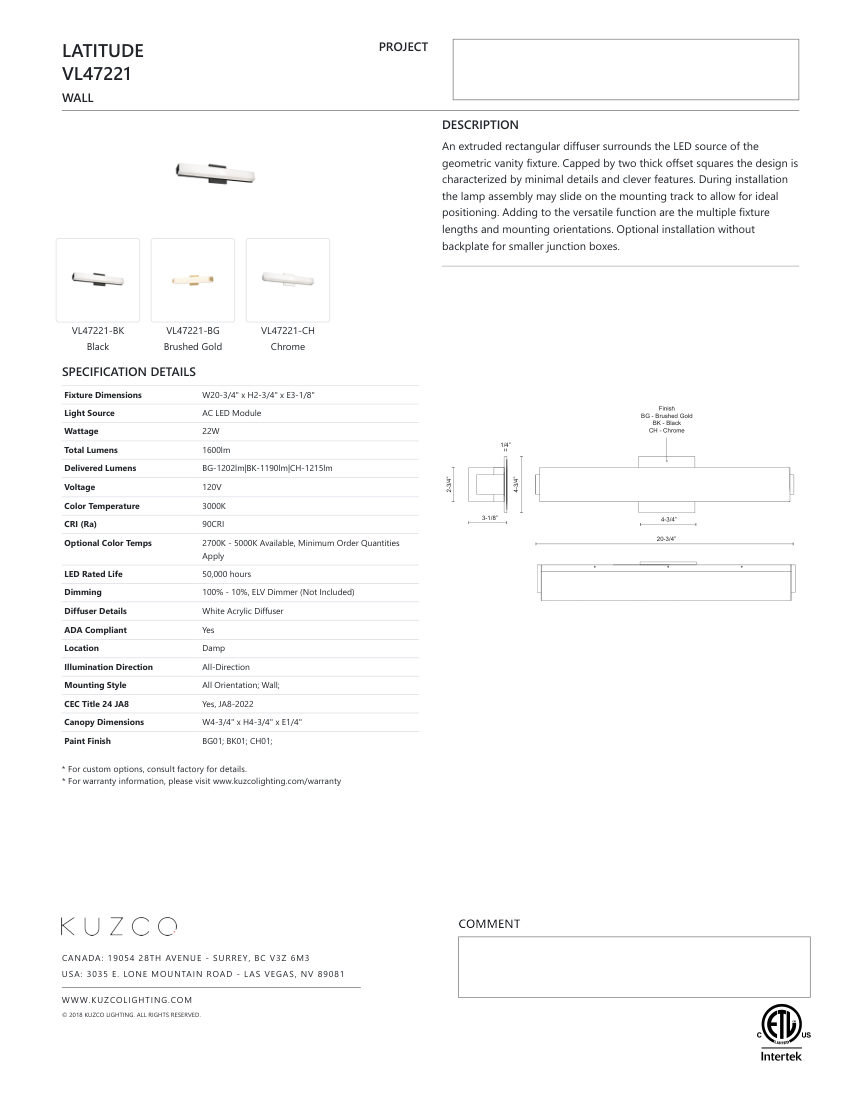 Kuzco Lighting VL47221-BK cut sheet — first page