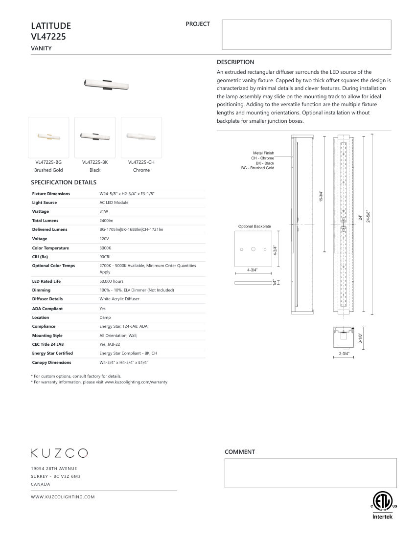 Kuzco Lighting VL47225-BK cut sheet — first page