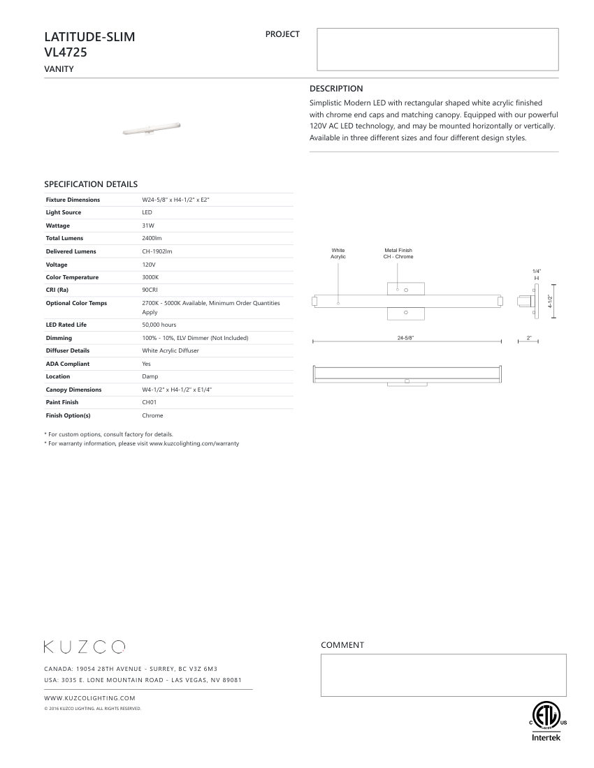 Kuzco Lighting VL4725-CH cut sheet — first page