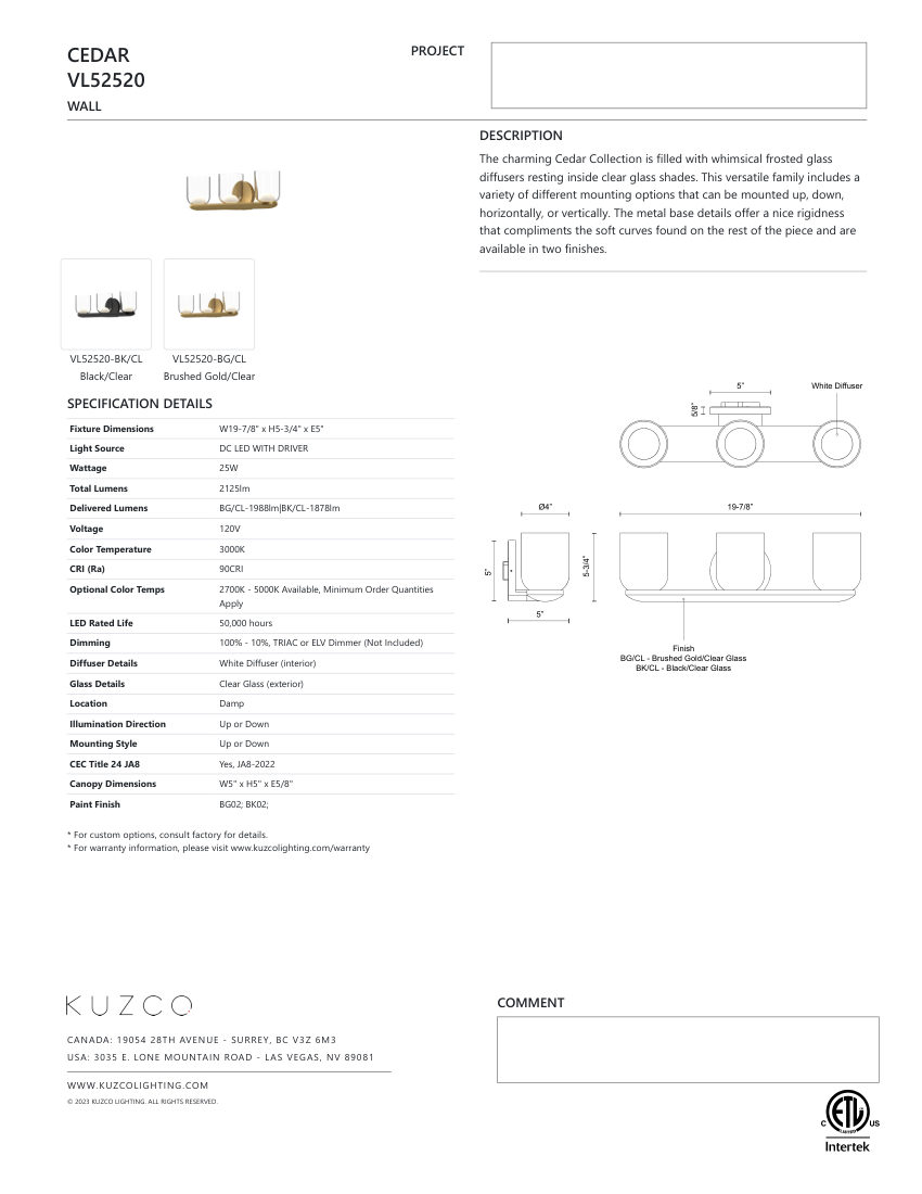 Kuzco Lighting VL52520-BK/CL cut sheet — first page