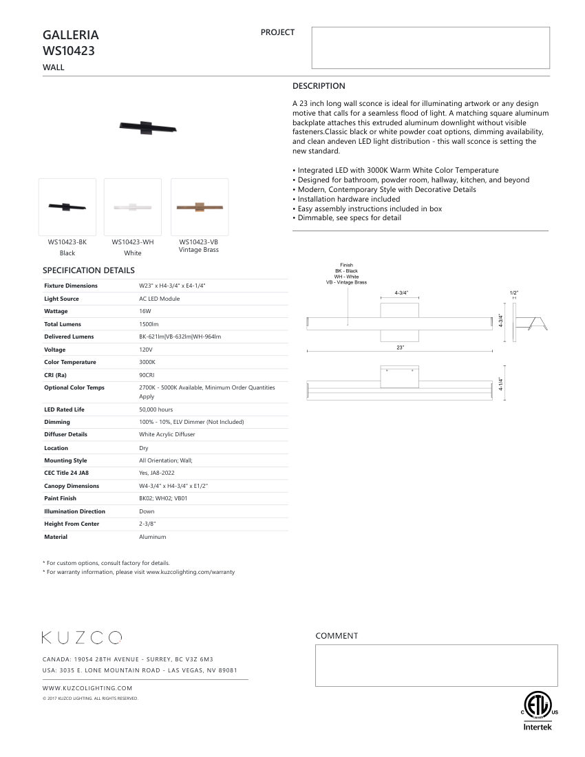Kuzco Lighting WS10423-VB cut sheet — first page