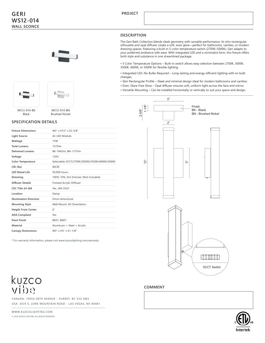 Kuzco Lighting WS12-014-BK cut sheet — first page