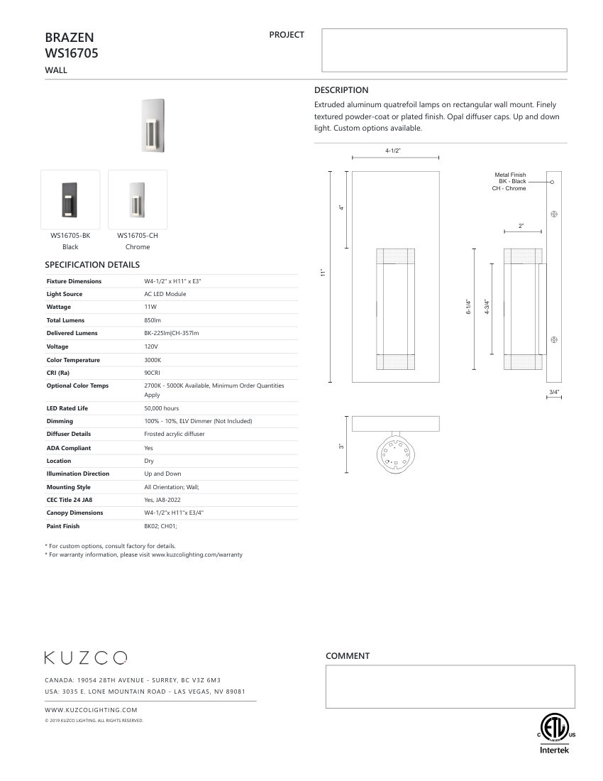 Kuzco Lighting WS16705-BK cut sheet — first page