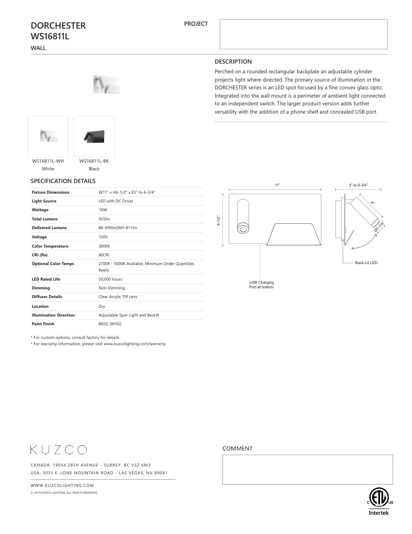 Kuzco Lighting WS16811L-BK cut sheet — first page