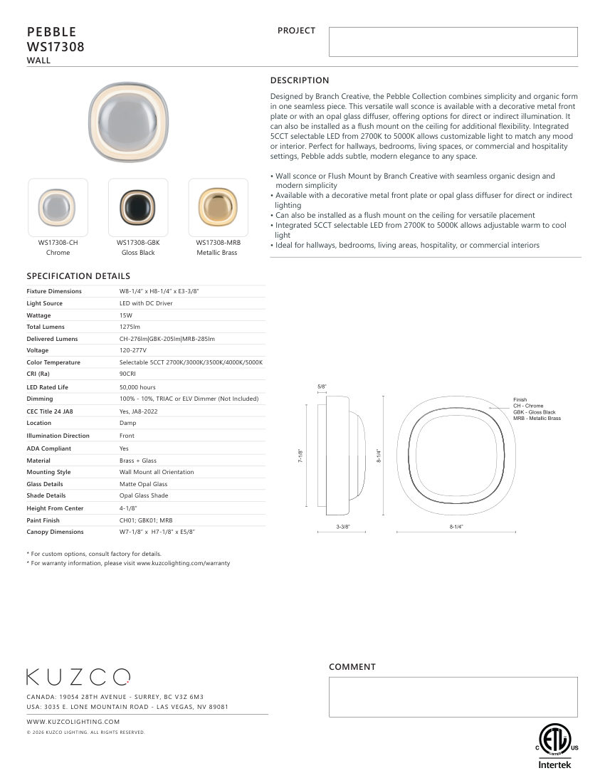 Kuzco Lighting WS17308-CH cut sheet — first page