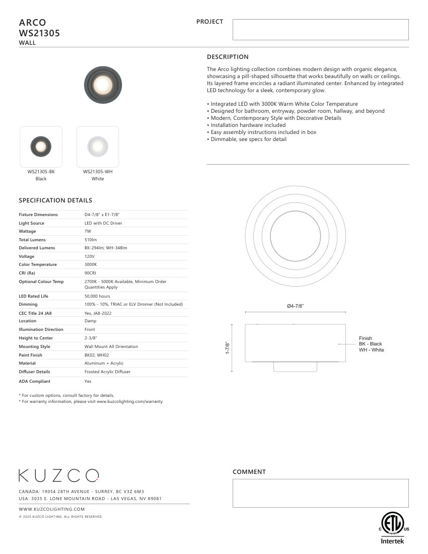 Kuzco Lighting WS21305-BK cut sheet — first page