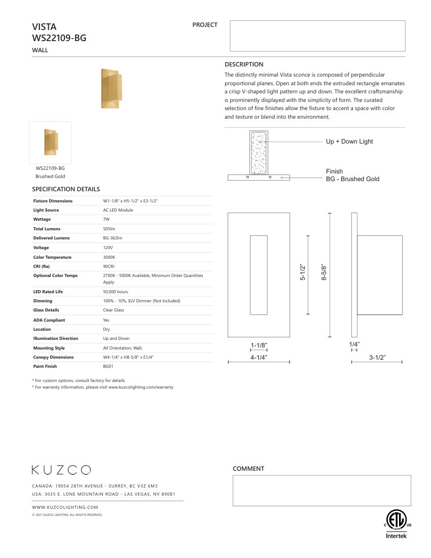 Kuzco Lighting WS22109-BG cut sheet — first page