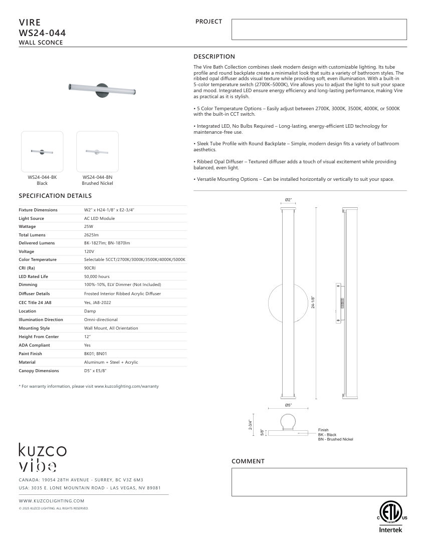 Kuzco Lighting WS24-044-BK cut sheet — first page