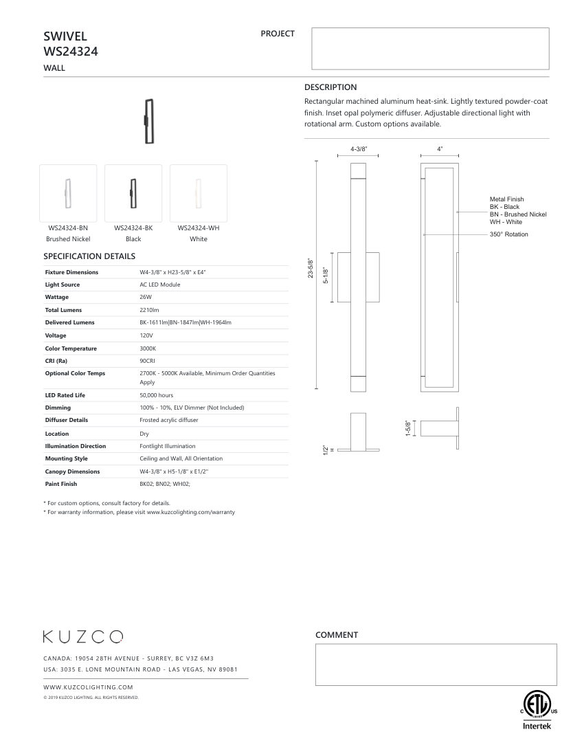 Kuzco Lighting WS24324-BK cut sheet — first page