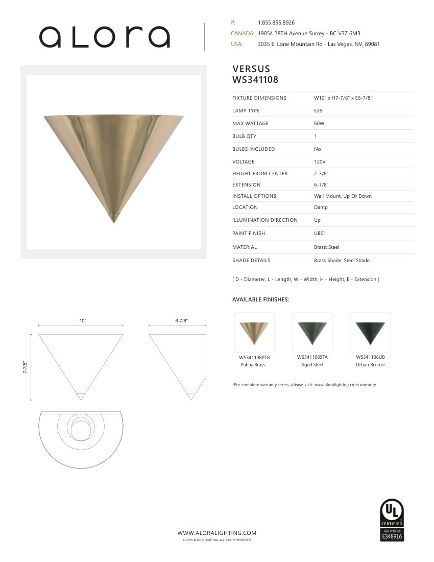 Kuzco Lighting WS341108PTB cut sheet — first page