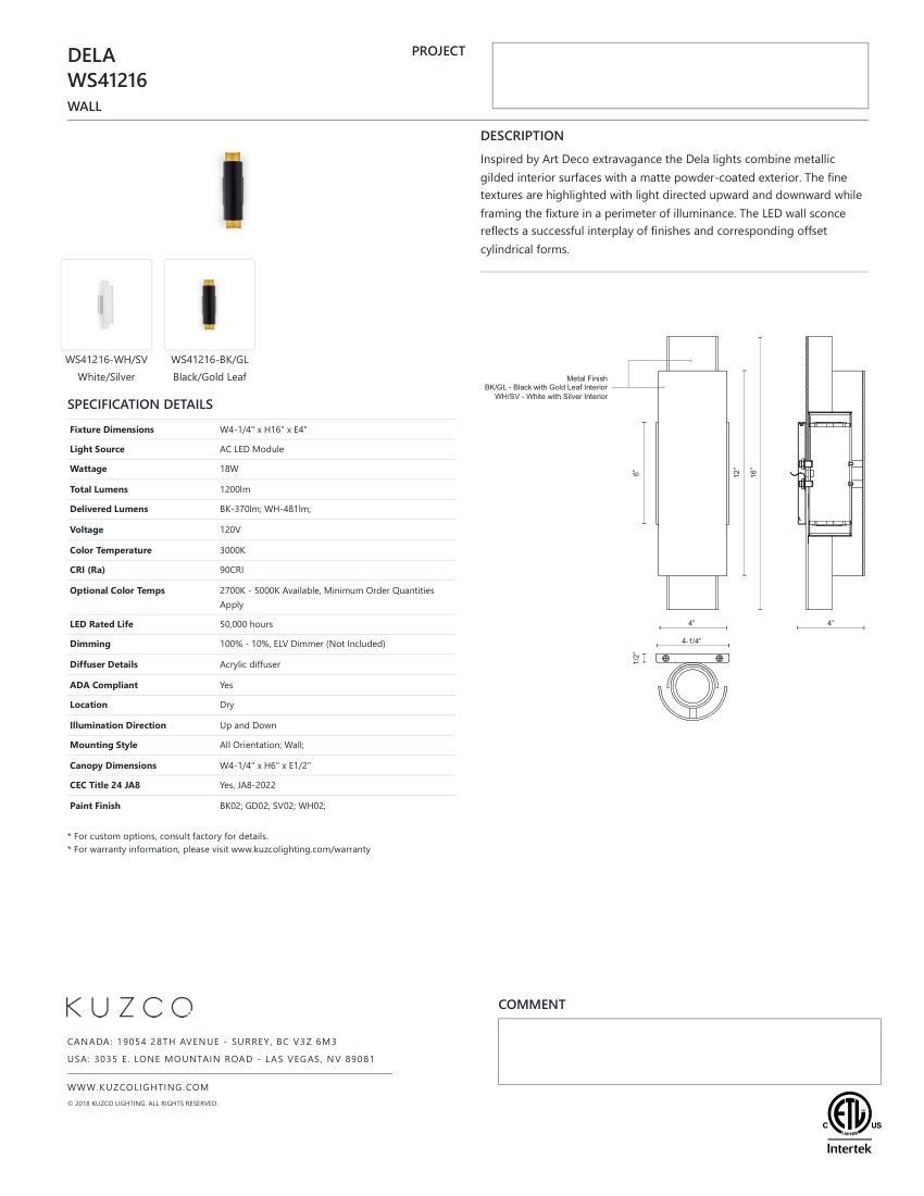 Kuzco Lighting WS41216-BK/GL cut sheet — first page