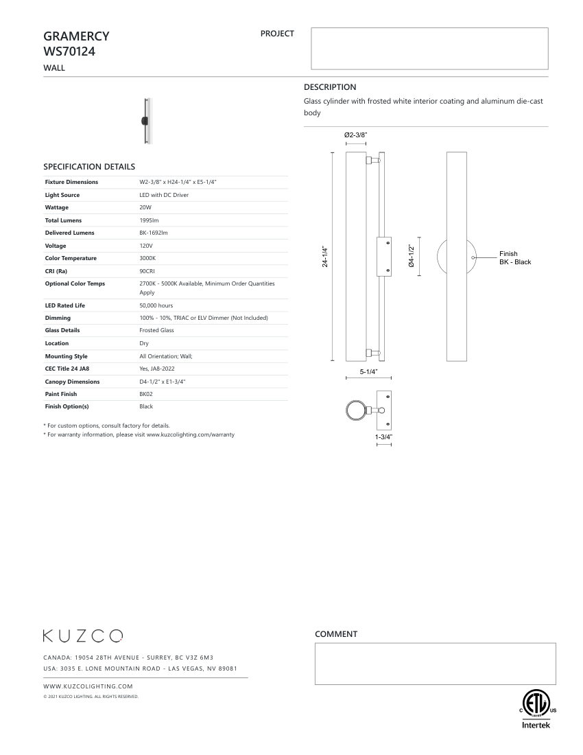 Kuzco Lighting WS70124-BK-UNV cut sheet — first page