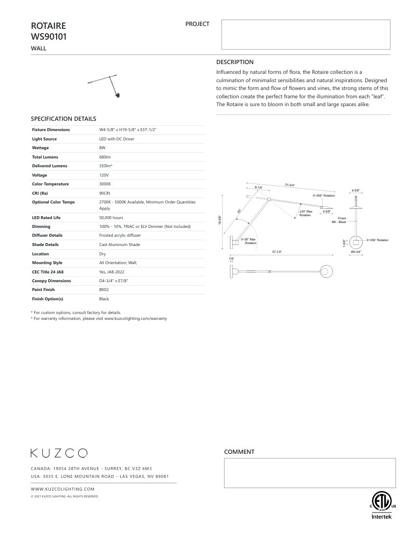 Kuzco Lighting WS90101-BK cut sheet — first page