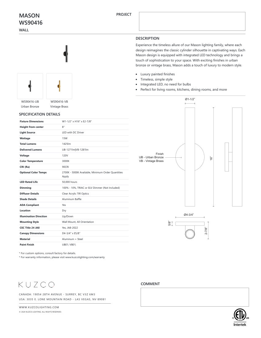 Kuzco Lighting WS90416-VB cut sheet — first page