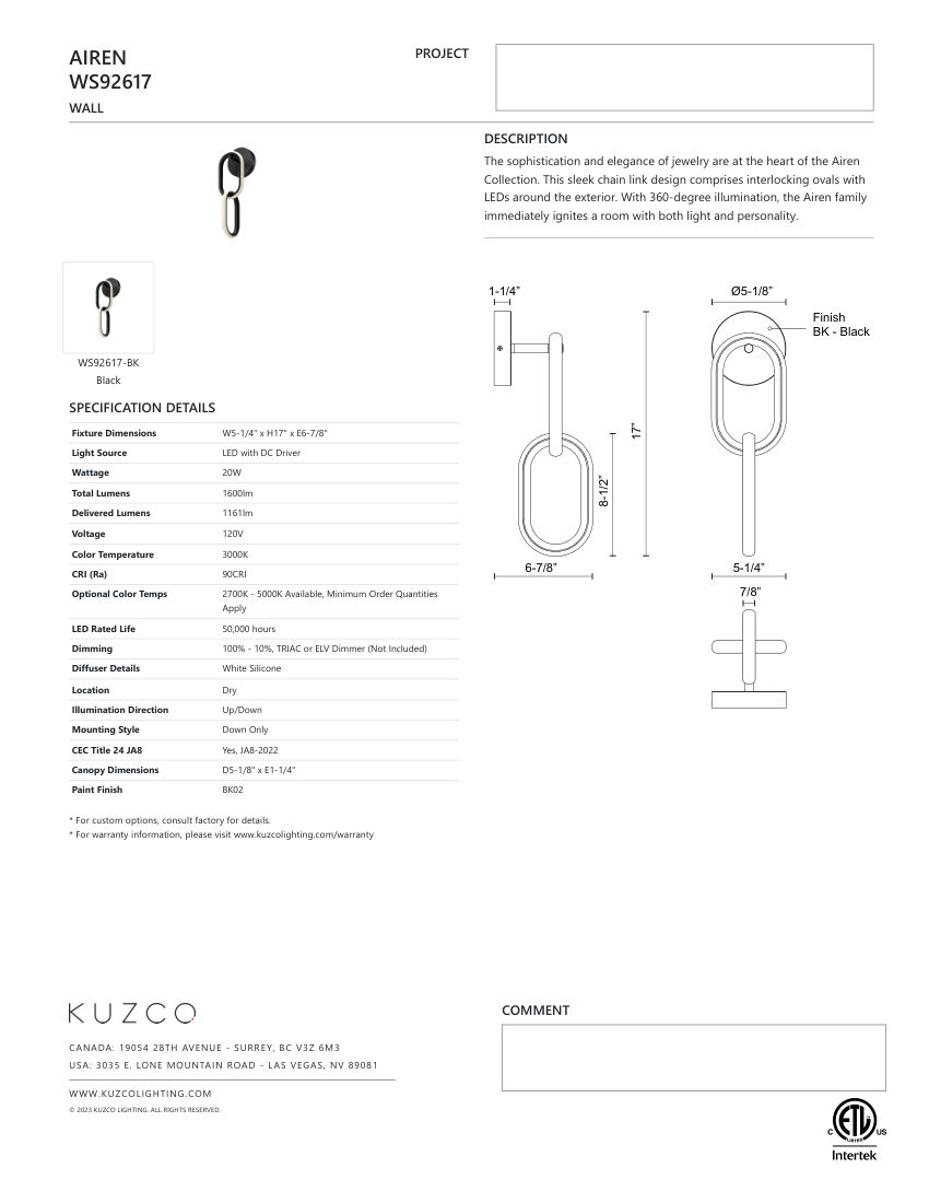 Kuzco Lighting WS92617-BK-UNV cut sheet — first page