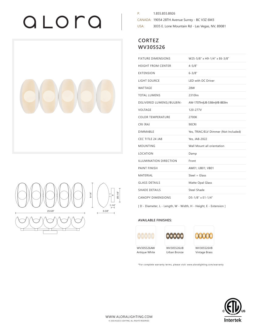 Kuzco Lighting WV305526AW cut sheet — first page