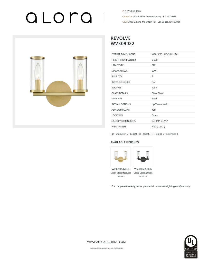 Kuzco Lighting WV309022NBCG cut sheet — first page