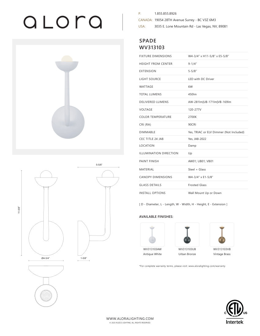 Kuzco Lighting WV313103AW cut sheet — first page