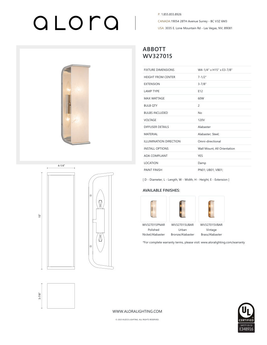 Kuzco Lighting WV327015UBAR cut sheet — first page
