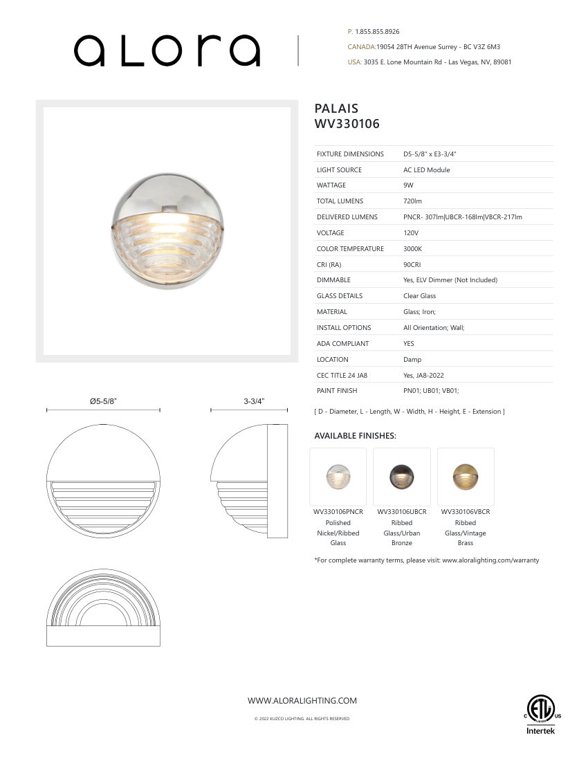 Kuzco Lighting WV330106PNCR cut sheet — first page